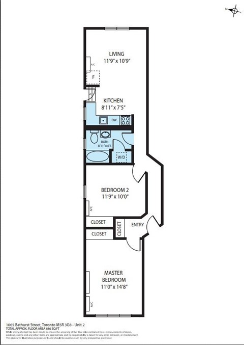 A floor plan of an apartment with a living room, kitchen, two bedrooms and two closets.